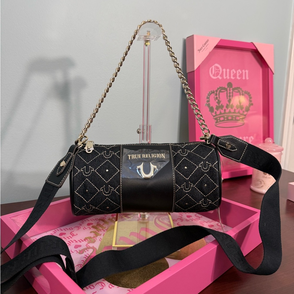True Religion Black Quilted Barrel Crossbody with Gold Chain